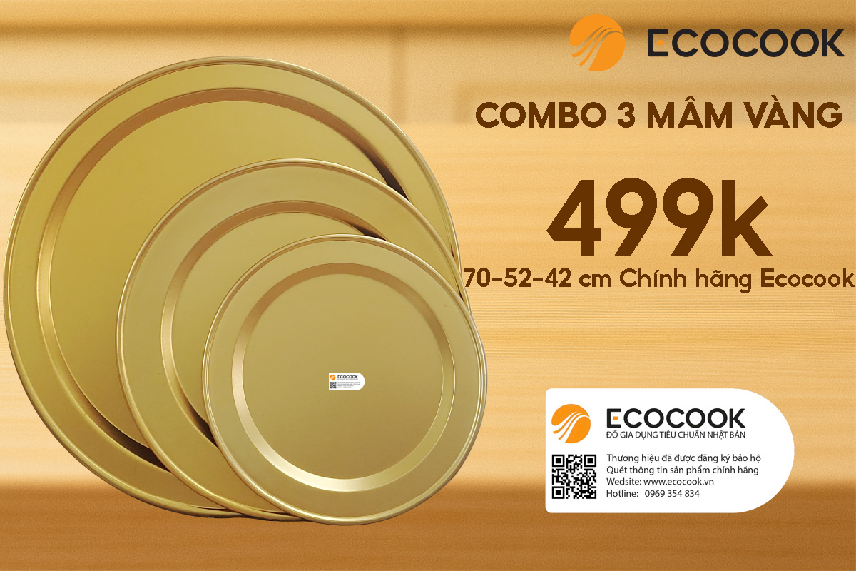 Combo 3 mâm vàng anod EcoCook 70–52–42 cm, chính hãng có tem chống giả Combo 3 mâm vàng anod EcoCook 70–52–42 cm, chính hãng có tem chống giả